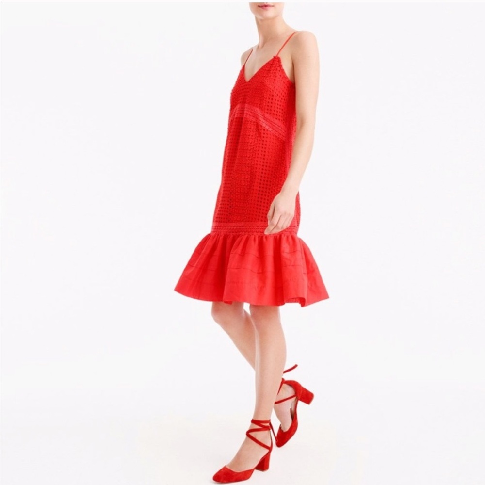 J Crew Eyelet Dress Bright Red Flounced Flared Dress